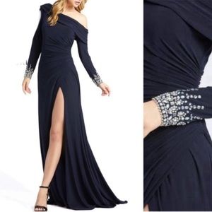 MAC DUGGAL Midnight Navy Blue Asymmetric Jeweled Evening Gown Dress NEW Size 12